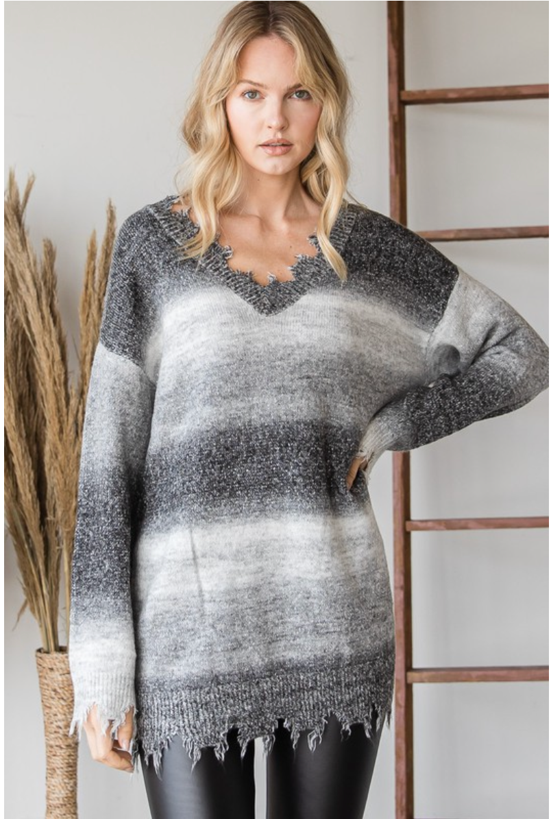 grey ombre stripe distressed sweater
