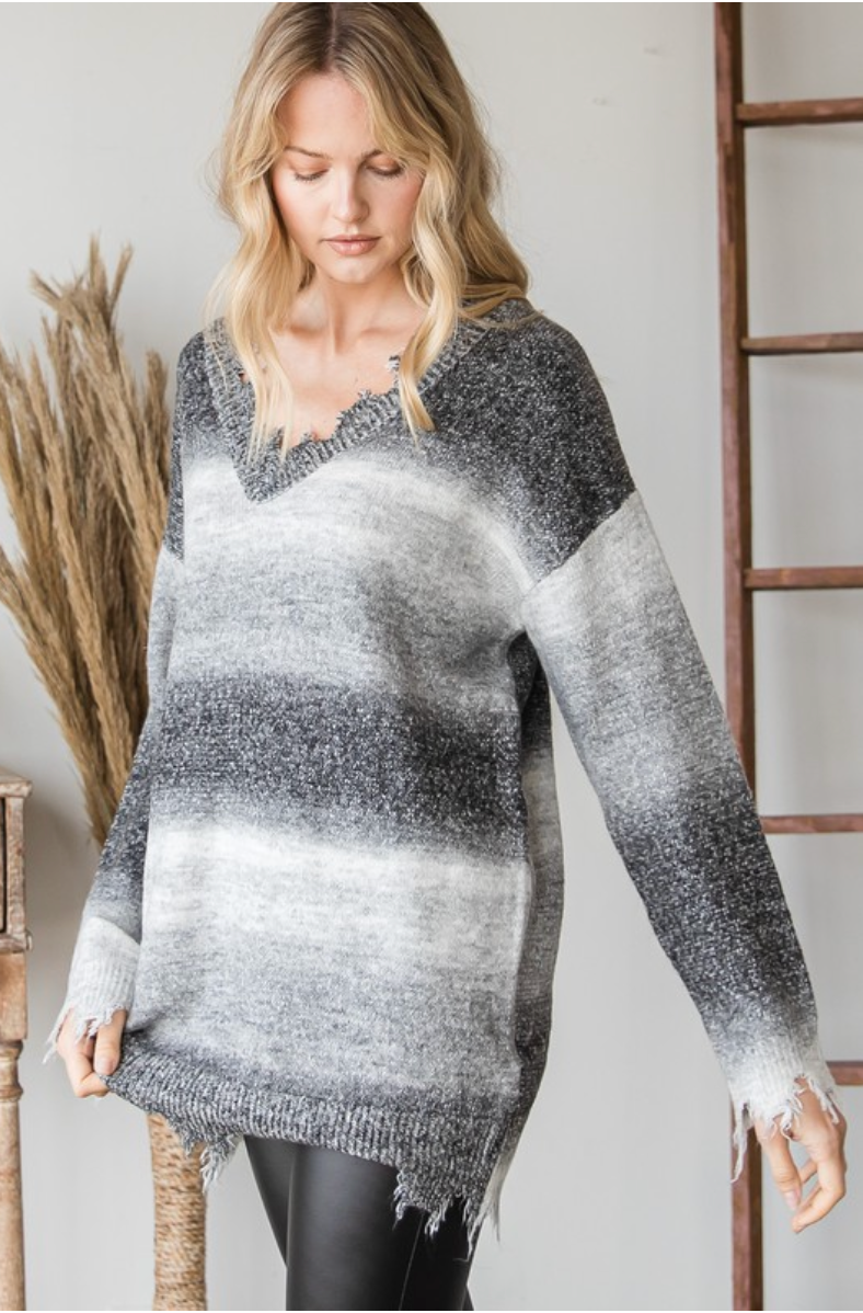 grey ombre stripe distressed sweater