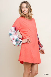 coral long sleeve t shirt dress with contrast sleeves