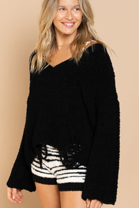 Black v neck soft distressed sweater
