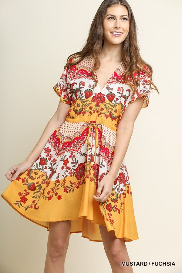 red and yellow short sleeve dress