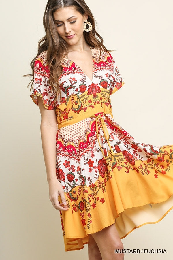 red and yellow short sleeve dress
