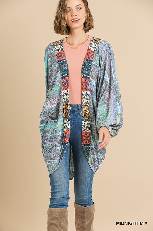 blue multicolor open cardigan