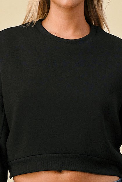 Black Crop Fleece Crewneck Sweatshirt