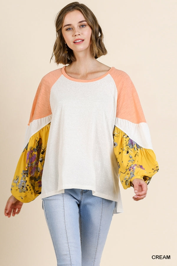 peach and yellow puff sleeve top