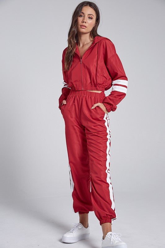 red and white stripe sweatsuit