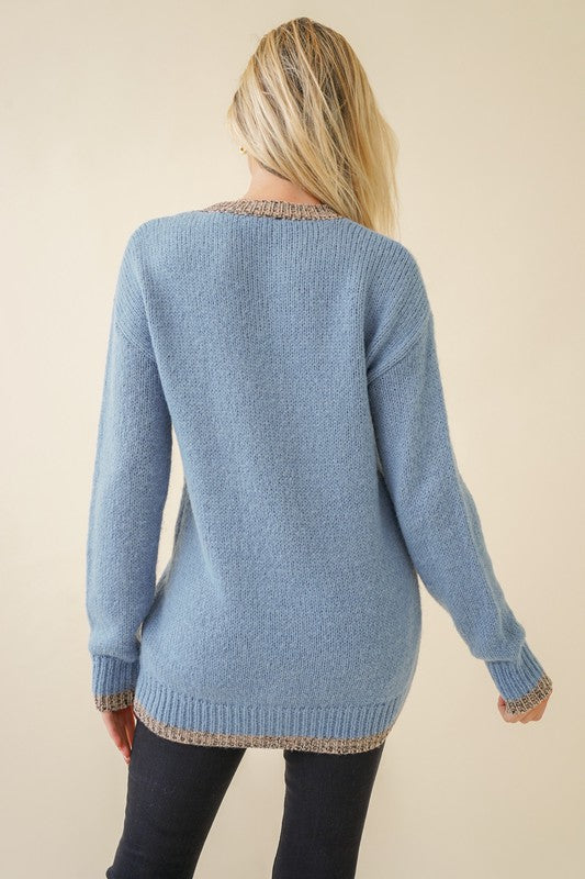 Blue Sweater with Contrast Trim