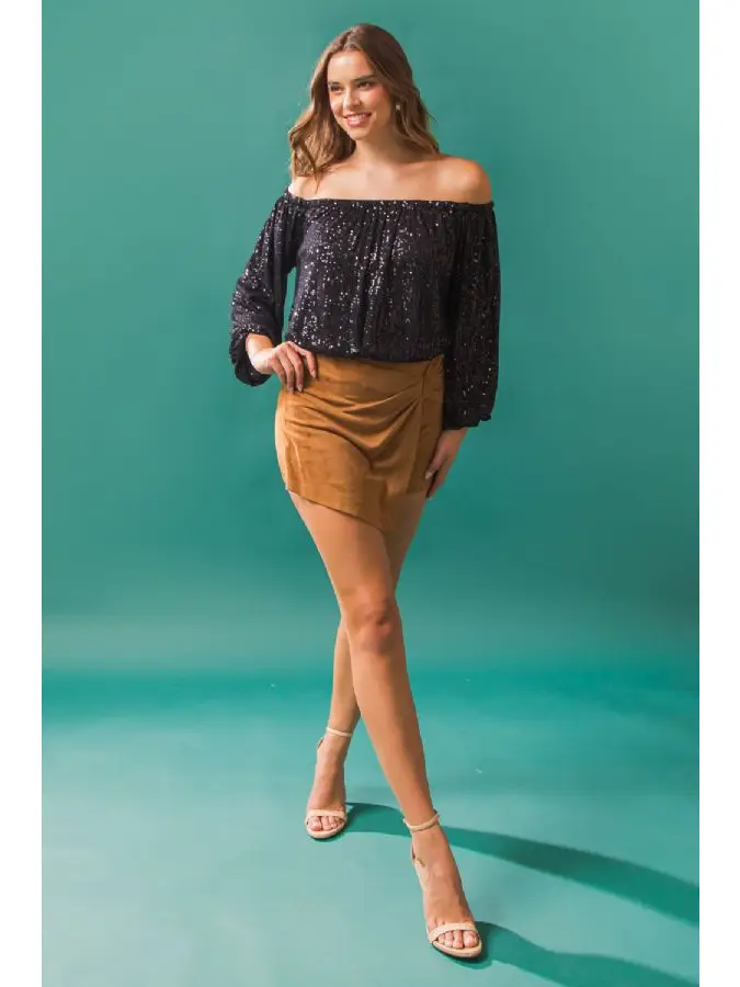 Black off the shoulder sequin top sales