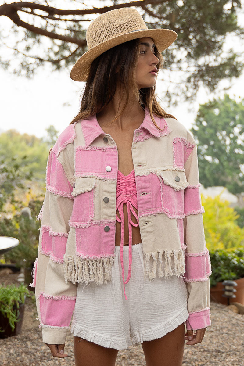 Pink and cream checkerboard cropped jacket
