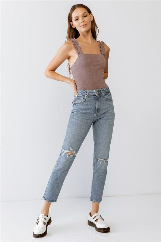 Dusty Purple Ruffle Tank Top Ribbed Bodysuit