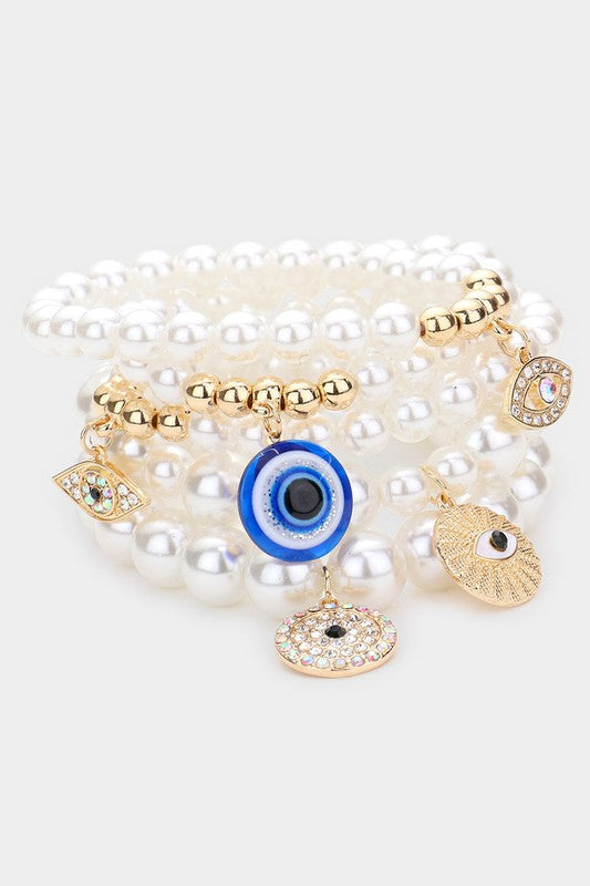 Pearl white - 5 evil eye beaded bracelets