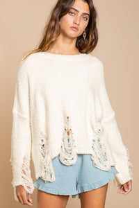 Ivory Fleece Distressed Sweater