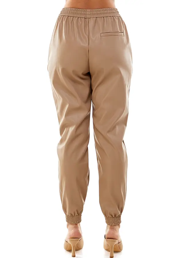 Beige Faux leather joggers