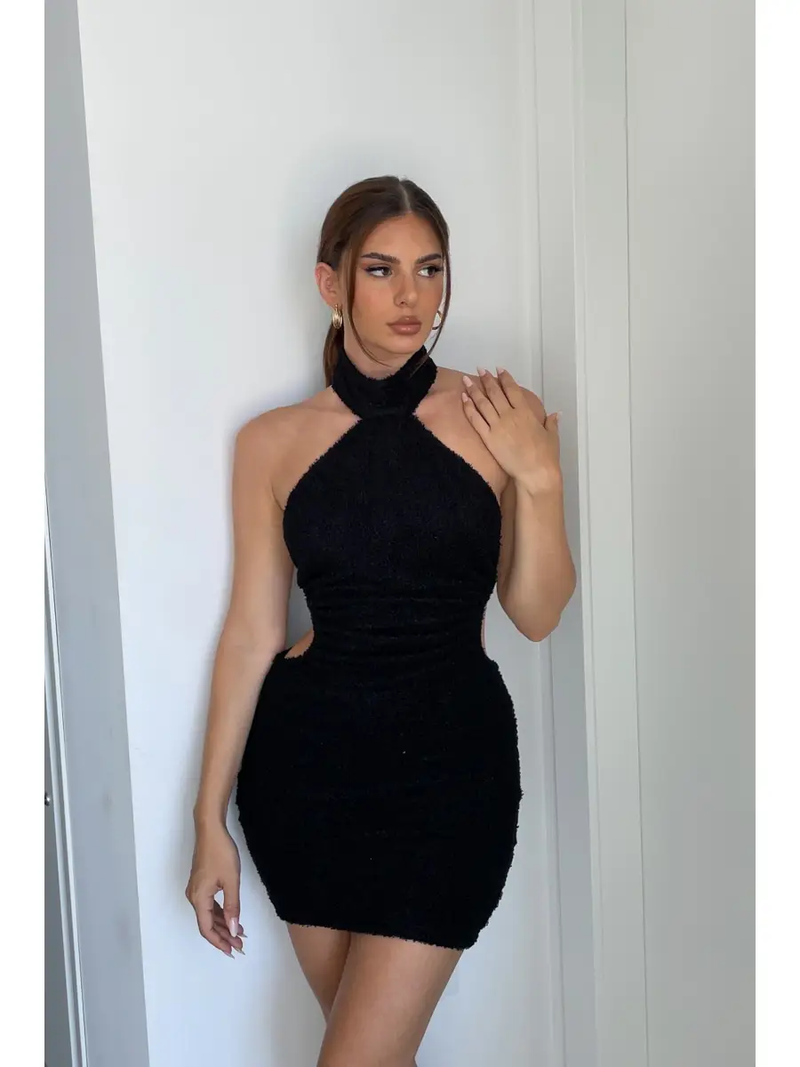 Black fluffy halter neck mini dress All There Boutique Black fluffy halter neck mini dress All There Boutique