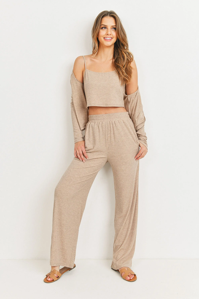 Taupe ribbed cardigan and tank top set