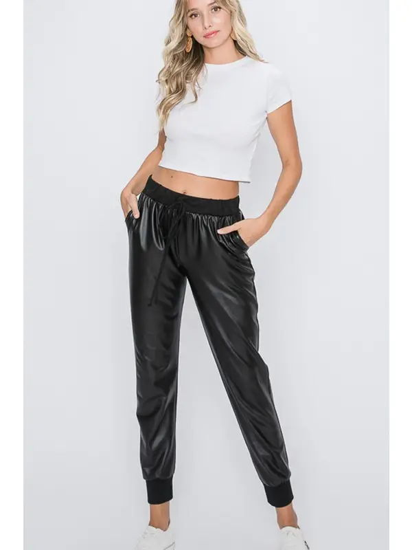 Black banded faux leather joggers