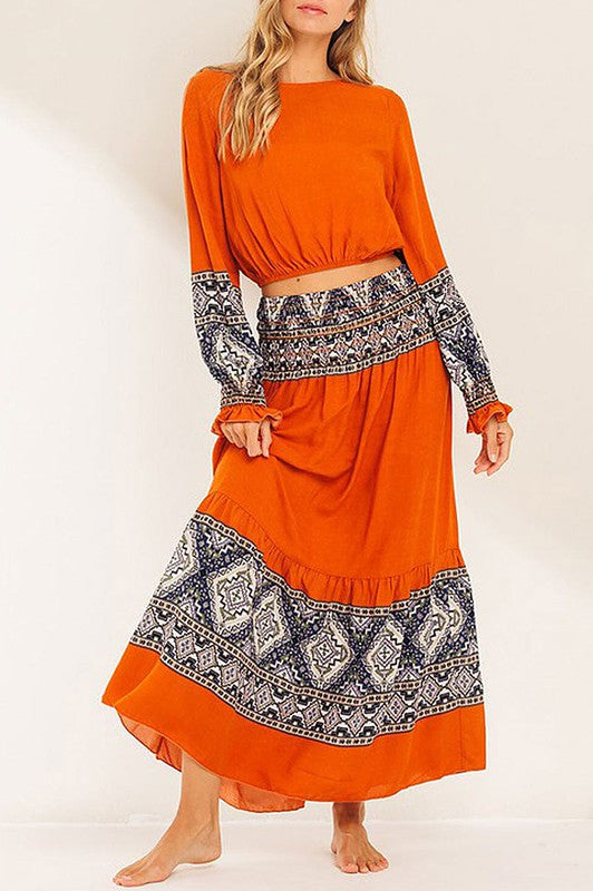 Orange long sleeve crop top and skirt set