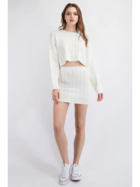 White cable knit crop skirt set