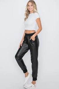 Black banded faux leather joggers