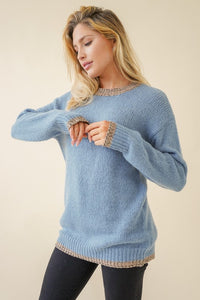 Blue Sweater with Contrast Trim