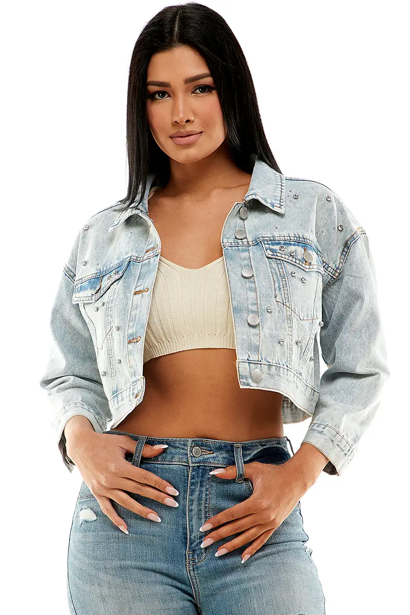 light wash jean jacket with crystal studs
