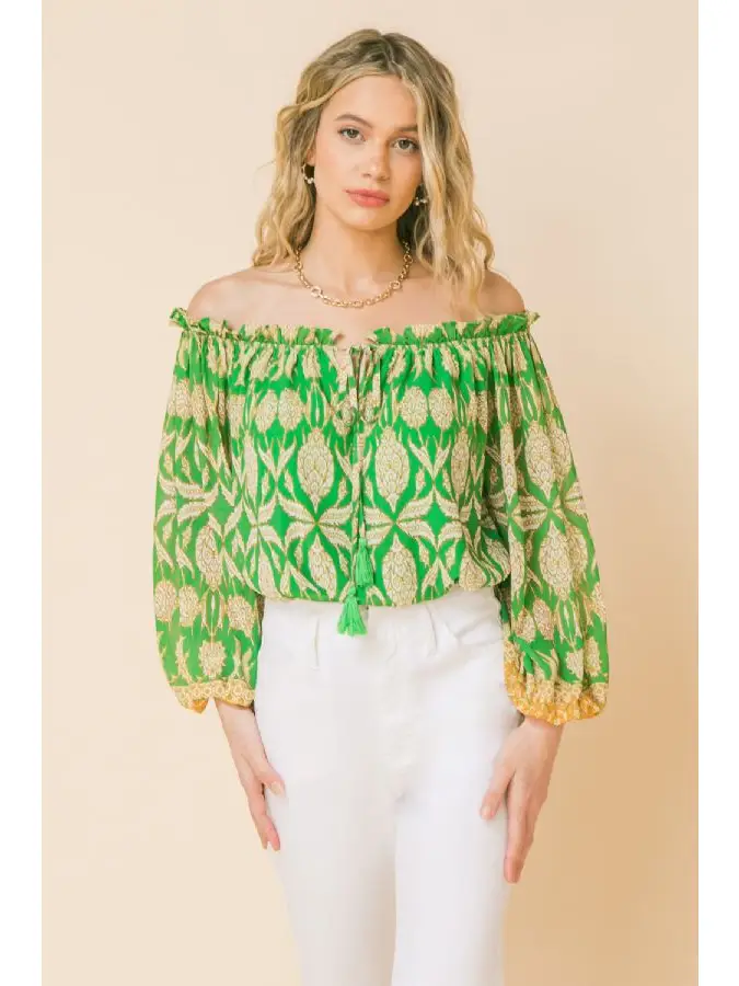 Green and yellow off the shoulder top