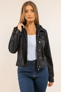 black jean jacket with black hoodie