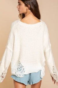 Ivory Fleece Distressed Sweater