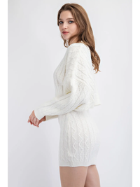 White cable knit crop skirt set