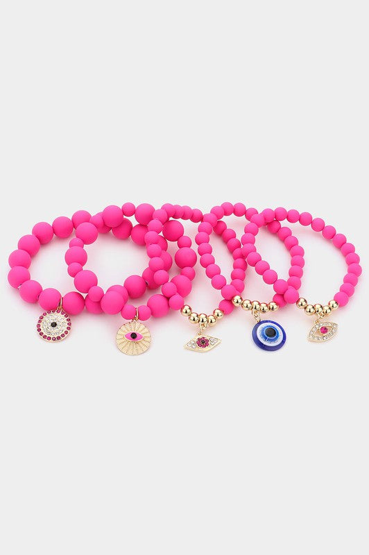 Hot Pink - 5 evil eye beaded bracelets