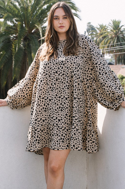 taupe and black dot long sleeve mini dress