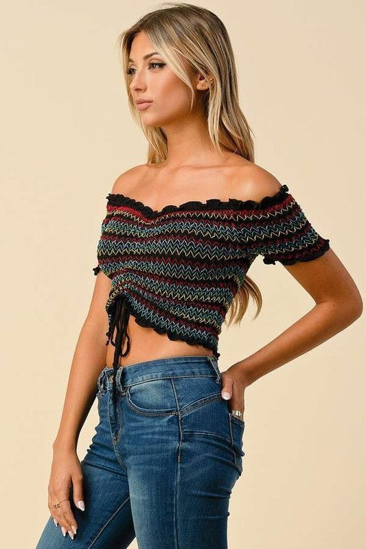 Black Off the Shoulder Ruched Crop Top