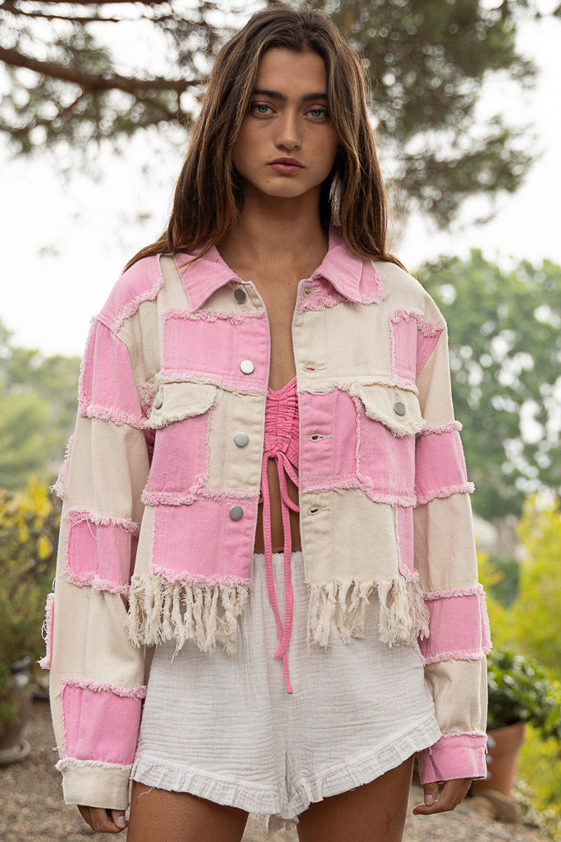 Pink and cream checkerboard cropped jacket