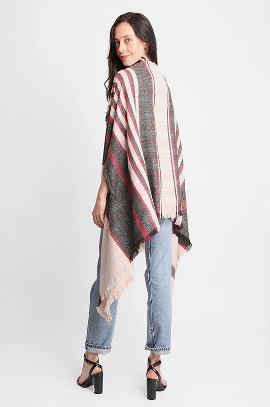 Black Check Open Poncho With Pockets