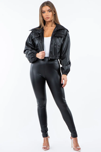 vegan leather cropped motorcycle jacket black