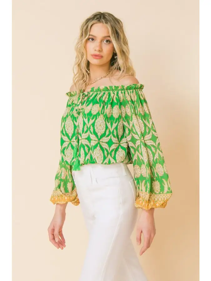 Green and yellow off the shoulder top