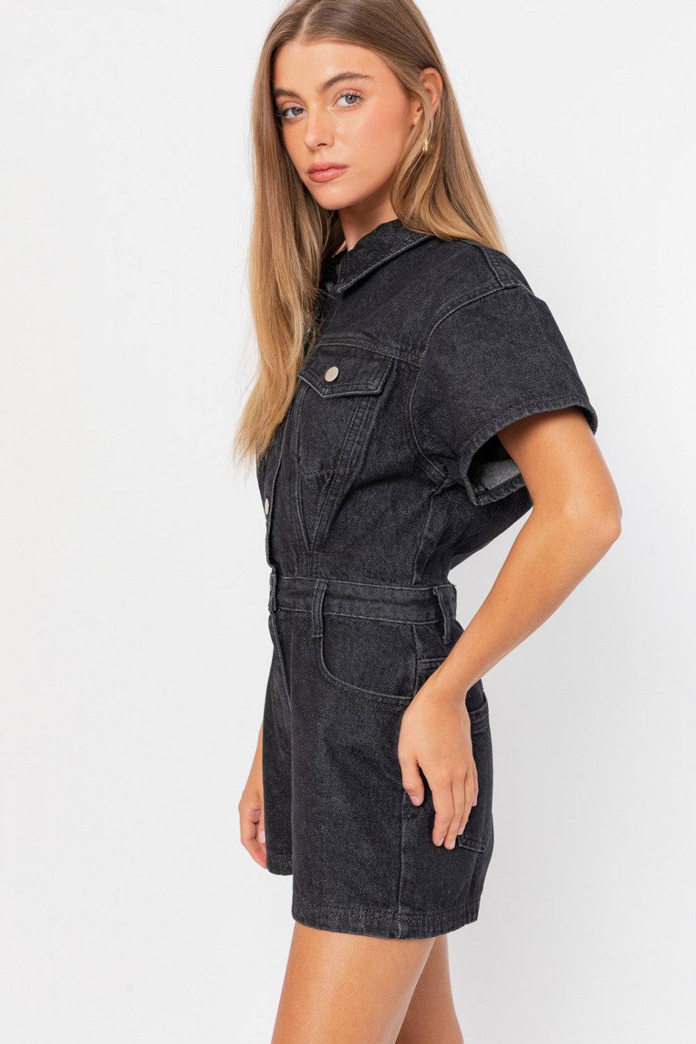 Dark denim romper – All There Boutique